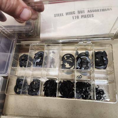 Table Lot of Hardware Cotter Pins, Springs, Clevis Pin , Hex Head Set Screws, O Ring Service Kit, Wing Nuts, and More