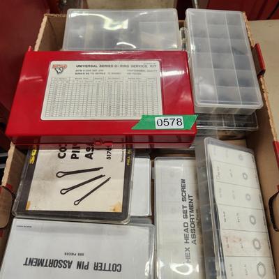 Table Lot of Hardware Cotter Pins, Springs, Clevis Pin , Hex Head Set Screws, O Ring Service Kit, Wing Nuts, and More