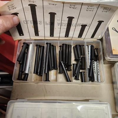Table Lot of Hardware Cotter Pins, Springs, Clevis Pin , Hex Head Set Screws, O Ring Service Kit, Wing Nuts, and More