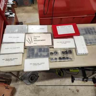Table Lot of Hardware Cotter Pins, Springs, Clevis Pin , Hex Head Set Screws, O Ring Service Kit, Wing Nuts, and More