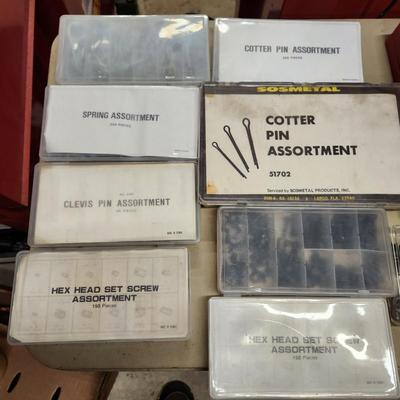 Table Lot of Hardware Cotter Pins, Springs, Clevis Pin , Hex Head Set Screws, O Ring Service Kit, Wing Nuts, and More