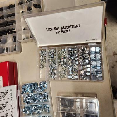 Table Lot of Hardware Cotter Pins, Springs, Clevis Pin , Hex Head Set Screws, O Ring Service Kit, Wing Nuts, and More