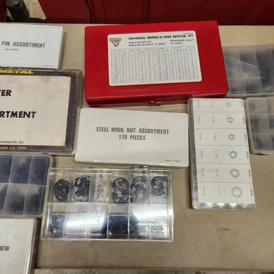 Table Lot of Hardware Cotter Pins, Springs, Clevis Pin , Hex Head Set Screws, O Ring Service Kit, Wing Nuts, and More