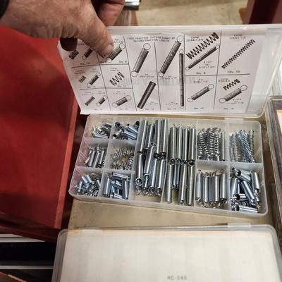 Table Lot of Hardware Cotter Pins, Springs, Clevis Pin , Hex Head Set Screws, O Ring Service Kit, Wing Nuts, and More