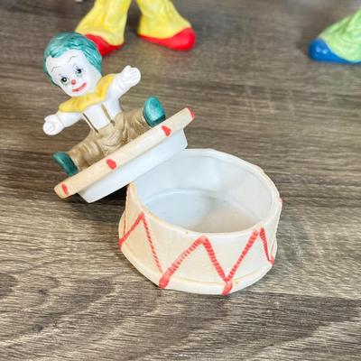 LOT 79B: Large Porcelain Flambre Clown w/ Smaller Circus Clown Figures & Hand Made Shell Clown w/ a Budweiser