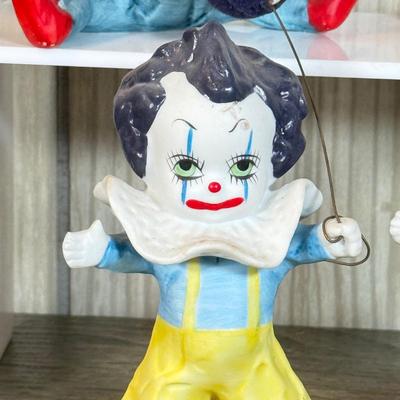 LOT 79B: Large Porcelain Flambre Clown w/ Smaller Circus Clown Figures & Hand Made Shell Clown w/ a Budweiser