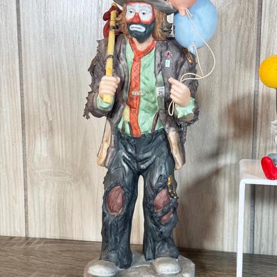 LOT 79B: Large Porcelain Flambre Clown w/ Smaller Circus Clown Figures & Hand Made Shell Clown w/ a Budweiser