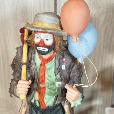 LOT 79B: Large Porcelain Flambre Clown w/ Smaller Circus Clown Figures & Hand Made Shell Clown w/ a Budweiser