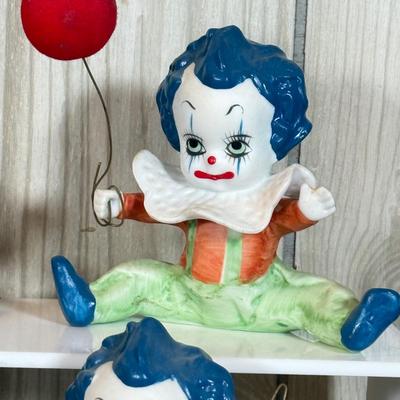 LOT 79B: Large Porcelain Flambre Clown w/ Smaller Circus Clown Figures & Hand Made Shell Clown w/ a Budweiser