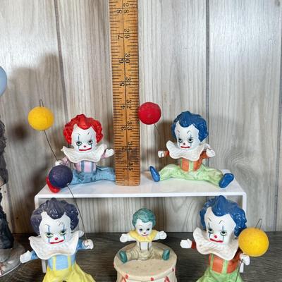 LOT 79B: Large Porcelain Flambre Clown w/ Smaller Circus Clown Figures & Hand Made Shell Clown w/ a Budweiser