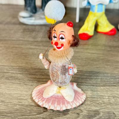 LOT 79B: Large Porcelain Flambre Clown w/ Smaller Circus Clown Figures & Hand Made Shell Clown w/ a Budweiser