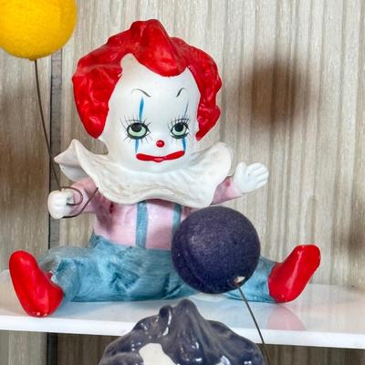 LOT 79B: Large Porcelain Flambre Clown w/ Smaller Circus Clown Figures & Hand Made Shell Clown w/ a Budweiser
