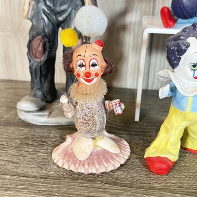 LOT 79B: Large Porcelain Flambre Clown w/ Smaller Circus Clown Figures & Hand Made Shell Clown w/ a Budweiser