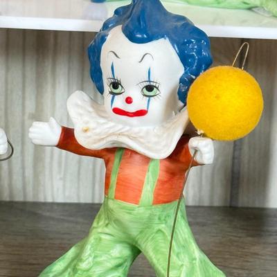 LOT 79B: Large Porcelain Flambre Clown w/ Smaller Circus Clown Figures & Hand Made Shell Clown w/ a Budweiser