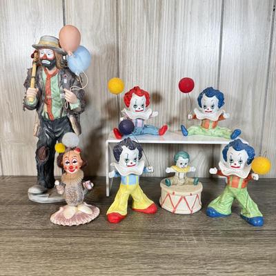 LOT 79B: Large Porcelain Flambre Clown w/ Smaller Circus Clown Figures & Hand Made Shell Clown w/ a Budweiser