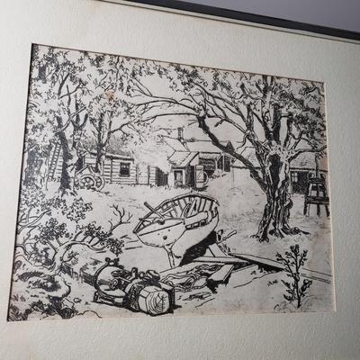 LOT 82L: Signed Lighthouse Seaside Oil Painting with Black & White Art Drawing
