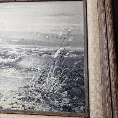 LOT 82L: Signed Lighthouse Seaside Oil Painting with Black & White Art Drawing