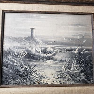 LOT 82L: Signed Lighthouse Seaside Oil Painting with Black & White Art Drawing