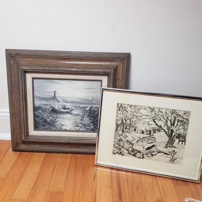 LOT 82L: Signed Lighthouse Seaside Oil Painting with Black & White Art Drawing