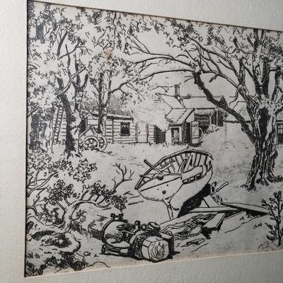 LOT 82L: Signed Lighthouse Seaside Oil Painting with Black & White Art Drawing