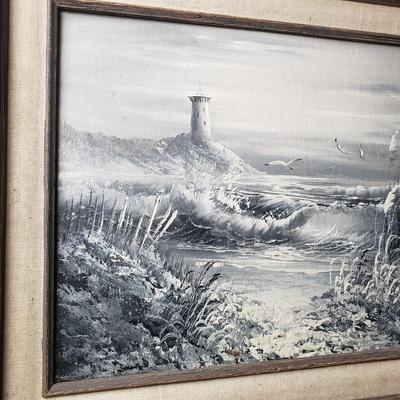 LOT 82L: Signed Lighthouse Seaside Oil Painting with Black & White Art Drawing