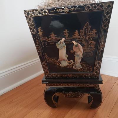 LOT 83L: Faux Cherry Blossom Tree in Black Lacquer Planter with Mother of Pearl Carved Figures