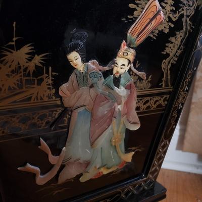 LOT 83L: Faux Cherry Blossom Tree in Black Lacquer Planter with Mother of Pearl Carved Figures