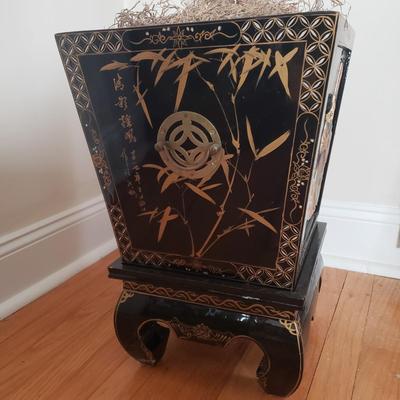 LOT 83L: Faux Cherry Blossom Tree in Black Lacquer Planter with Mother of Pearl Carved Figures