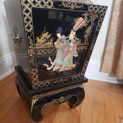 LOT 83L: Faux Cherry Blossom Tree in Black Lacquer Planter with Mother of Pearl Carved Figures