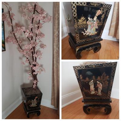 LOT 83L: Faux Cherry Blossom Tree in Black Lacquer Planter with Mother of Pearl Carved Figures