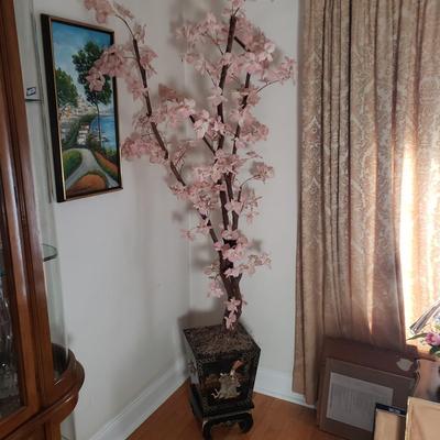 LOT 83L: Faux Cherry Blossom Tree in Black Lacquer Planter with Mother of Pearl Carved Figures