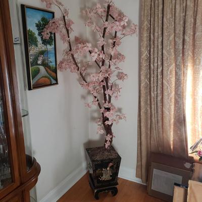 LOT 83L: Faux Cherry Blossom Tree in Black Lacquer Planter with Mother of Pearl Carved Figures