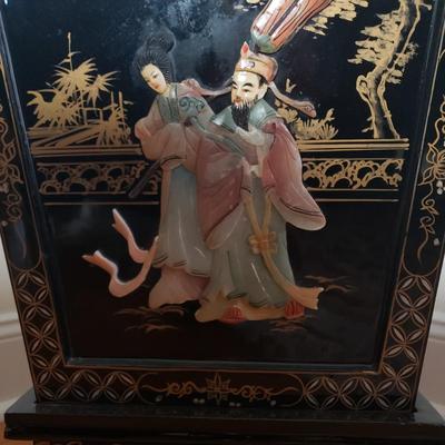 LOT 83L: Faux Cherry Blossom Tree in Black Lacquer Planter with Mother of Pearl Carved Figures