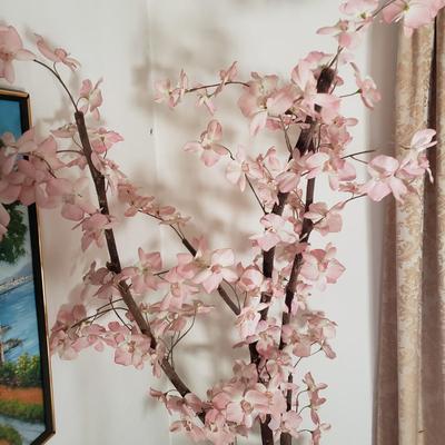 LOT 83L: Faux Cherry Blossom Tree in Black Lacquer Planter with Mother of Pearl Carved Figures