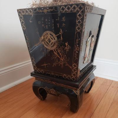 LOT 83L: Faux Cherry Blossom Tree in Black Lacquer Planter with Mother of Pearl Carved Figures