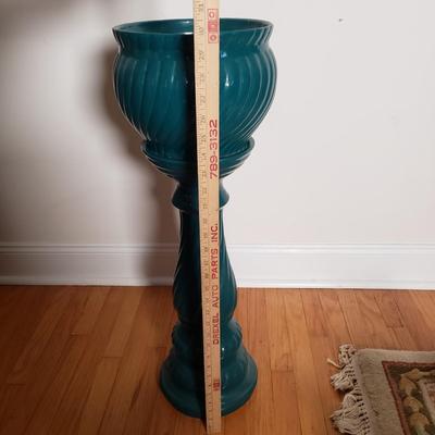 LOT 89D: Ceramic Teal Pedestal Planter with Artificial Plant