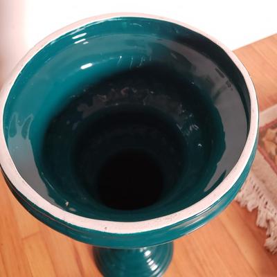 LOT 89D: Ceramic Teal Pedestal Planter with Artificial Plant