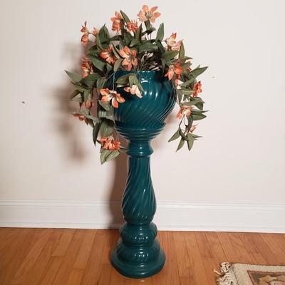 LOT 89D: Ceramic Teal Pedestal Planter with Artificial Plant