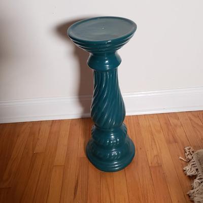 LOT 89D: Ceramic Teal Pedestal Planter with Artificial Plant