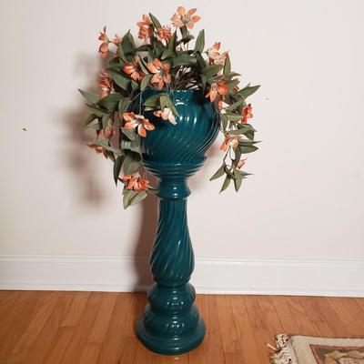 LOT 89D: Ceramic Teal Pedestal Planter with Artificial Plant