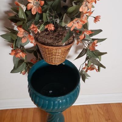 LOT 89D: Ceramic Teal Pedestal Planter with Artificial Plant