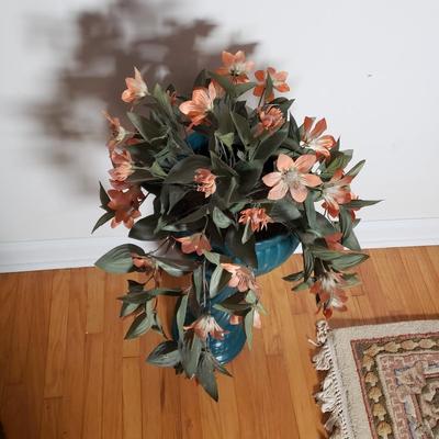 LOT 89D: Ceramic Teal Pedestal Planter with Artificial Plant