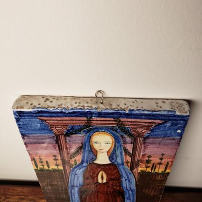 LOT 93L: Signed Enamel on Copper Framed Art & Ceramic Tile of Virgin Mary