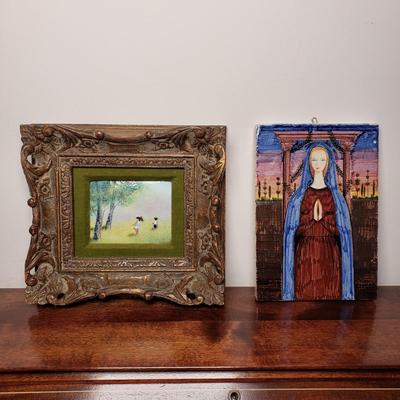 LOT 93L: Signed Enamel on Copper Framed Art & Ceramic Tile of Virgin Mary