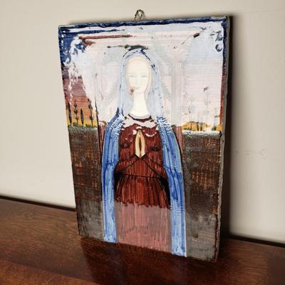 LOT 93L: Signed Enamel on Copper Framed Art & Ceramic Tile of Virgin Mary