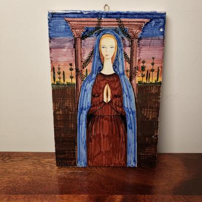 LOT 93L: Signed Enamel on Copper Framed Art & Ceramic Tile of Virgin Mary
