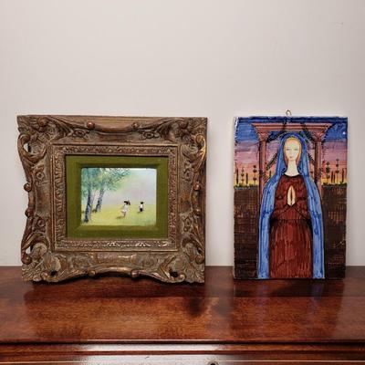 LOT 93L: Signed Enamel on Copper Framed Art & Ceramic Tile of Virgin Mary