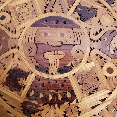 LOT 95L: Hand Carved Wooden Aztec Calendar & Hanging Tapestry