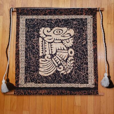LOT 95L: Hand Carved Wooden Aztec Calendar & Hanging Tapestry