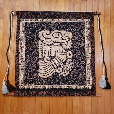 LOT 95L: Hand Carved Wooden Aztec Calendar & Hanging Tapestry